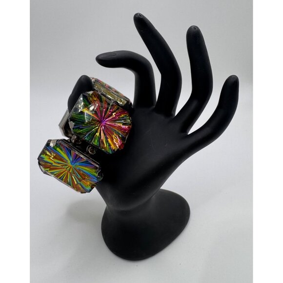 Chunky Rainbow Vitriol Glass Stretch Bracelet - Rectangular Panels - Silver Tone - Picture 3 of 10